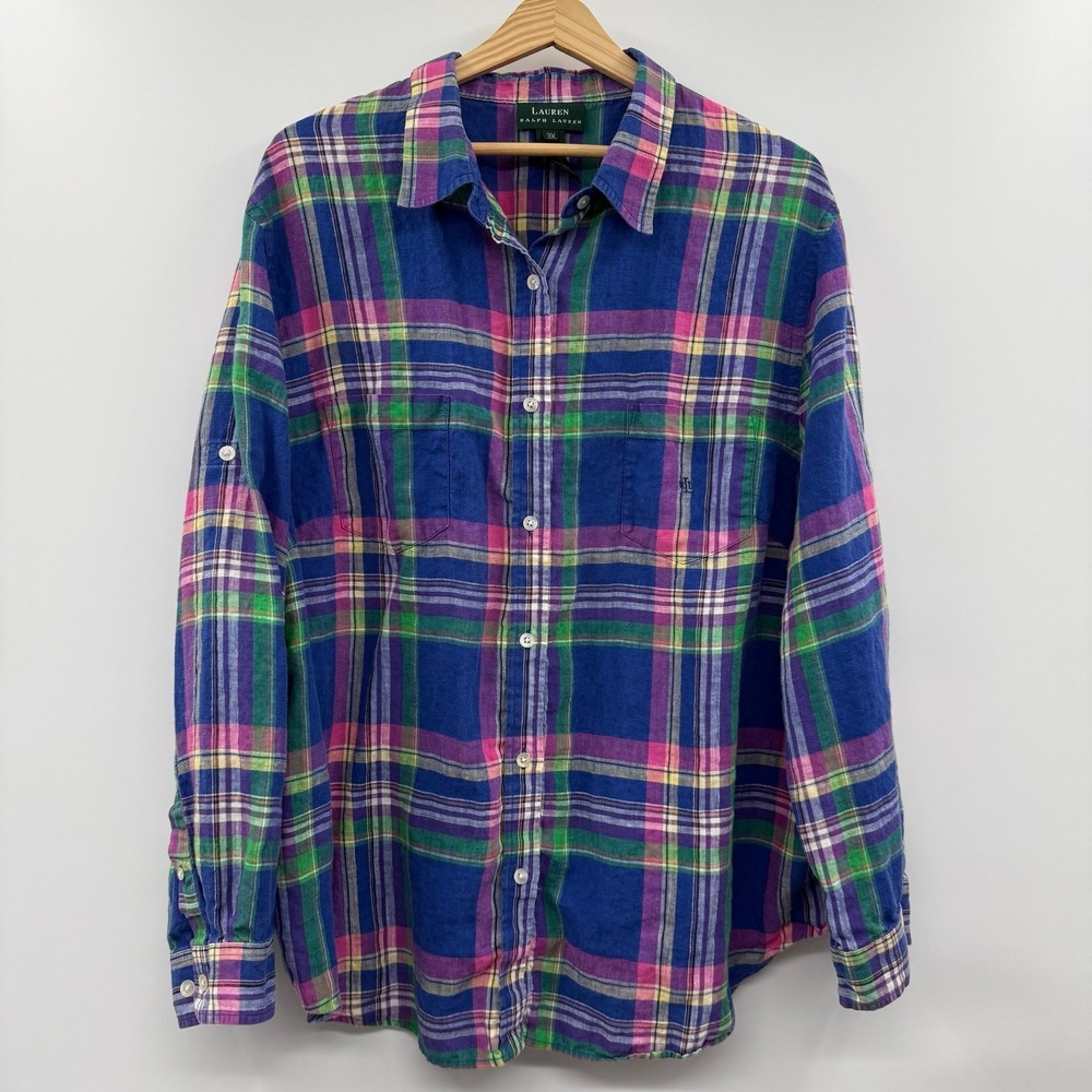 Lauren Ralph Lauren 100% Linen Shirt Womens Plaid Button Down Top roll tab